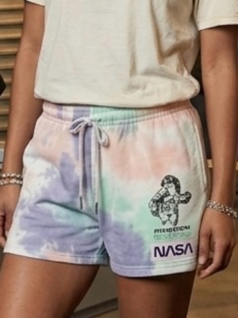 Hyper Space Women's Pastel Tie-Dye NASA Shorts w/ Space Mission logo. Retro🪐
